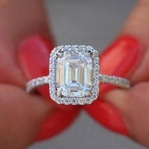 *NEW 925 Silver Diamond Halo Emerald Cut Ring